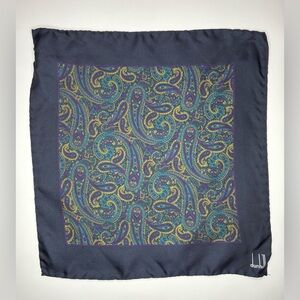 Dunhill Navy Paisley Silk Pocket Square with Teal and Gold Accents